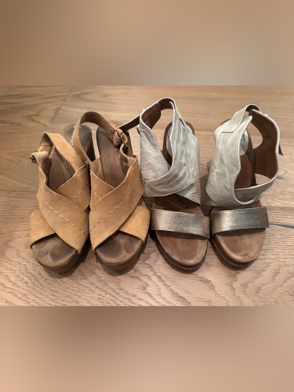 Women’s Open-Toe Wedge Sandals in Tan and Silver - Comfortable Summer Heels